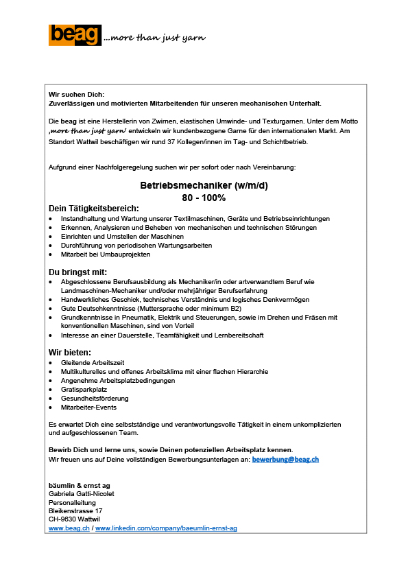 beag Stelleninserat Mitarbeitender Unterhalt Mechanik